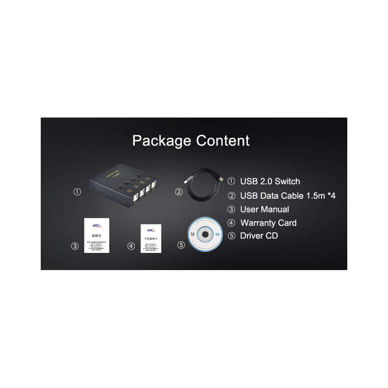 eKL USB Switch Selector 4 Computers in Sharing 2 USB Devices Out Controller USB 2.0 Peripheral Switcher Box Hub for Mouse Keyboard PCs Scanner Printer with Button Swapping and 4 Pack USB A to B Cable