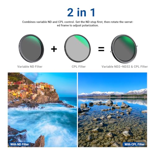 NEEWER 2 in 1 58mm Variable ND Filter ND2–ND32&CPL Filter(Circular Polarizer Filter) No X Cross/30 Layer Nano Coated/HD Optical Glass/Ultra Slim Aluminum Alloy Frame/Water Repellent/Scratch Resistant