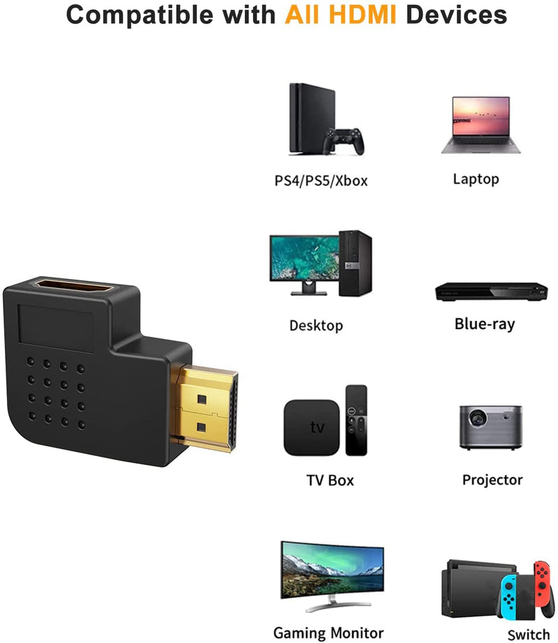 HDMI Adapter Male to Female, CableCreation 2 Pack 90 and 270 Degree Right Angle Converter, HDMI L Shape Flat Extender for Wall TV, Roku, PS5, Fire Stick, Chromecast, Switch, Laptop,Xbox, PC Upward Angle-2Pack