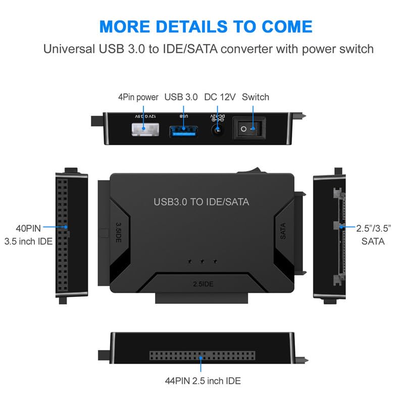 USB 3.0 to SATA or IDE Adapter, Hard Drive Adapter Cable for 2.5"/3.5" SATA HDD/SSD Drive Data Transfer with Power Supply