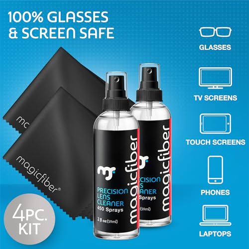 MagicFiber 8 PK Glasses Kit - 2 Eyeglass Cleaner Sprays + 6 Microfiber Cleaning Cloths - Premium Eye Glass Cleaners Spray and Glasses Wipes - Lint-Free Lenses