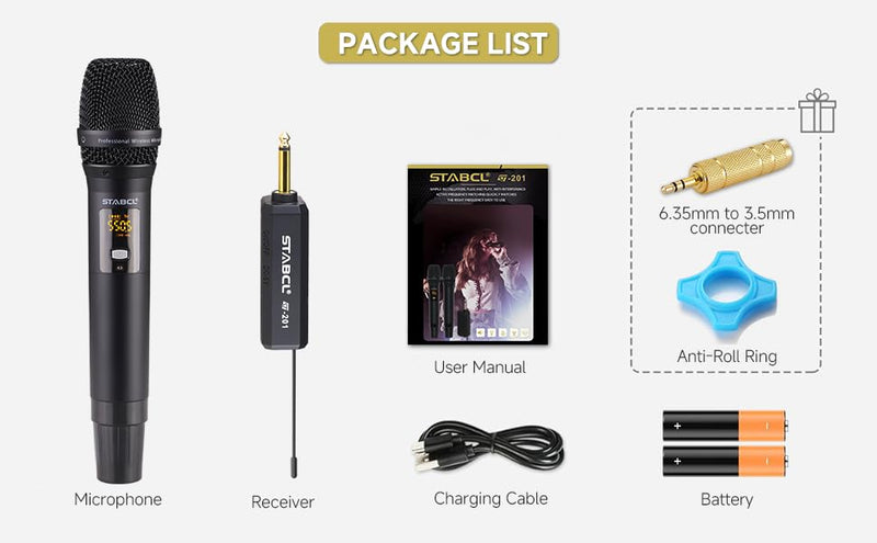 Portable Wireless Microphone for Karaoke Singing, UHF Metal Handheld Dynamic Mic with Rechargeable Receiver, Karaoke Microphone Wireless for Speaker, Singing, Dj, 200ft Range of Cordless Mic System channel 1