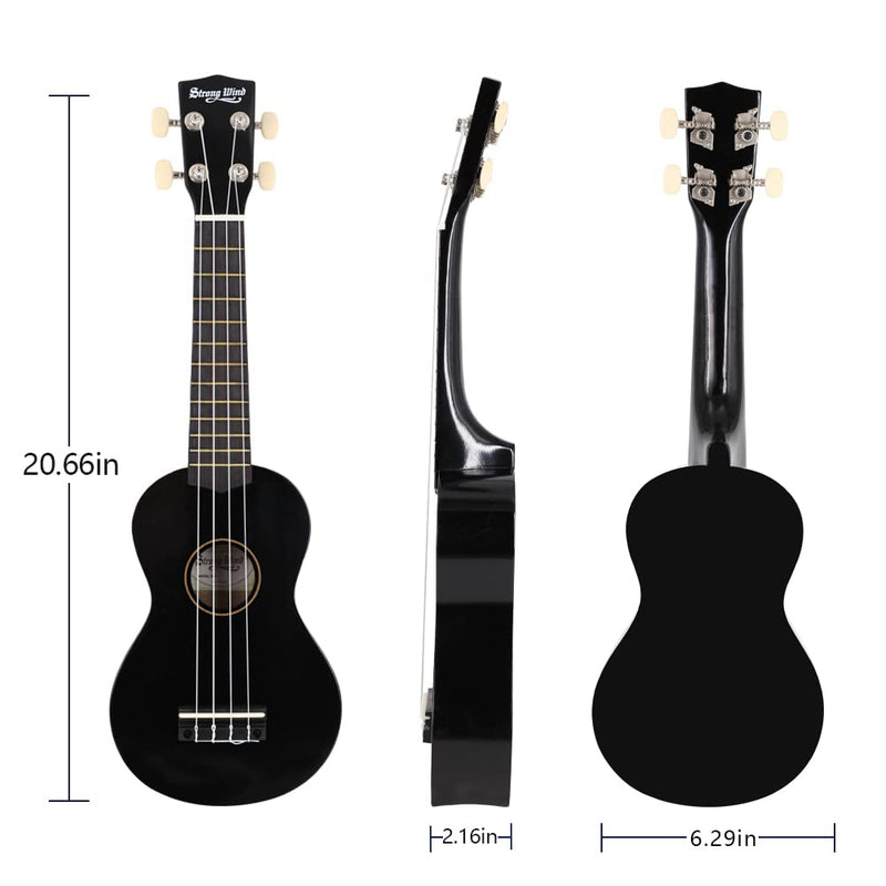 Strong Wind Soprano Ukulele - Stringed Musical Instrument Ukulele for Beginners Adults, 21 Inch Basswood Ukelele (Black) Black