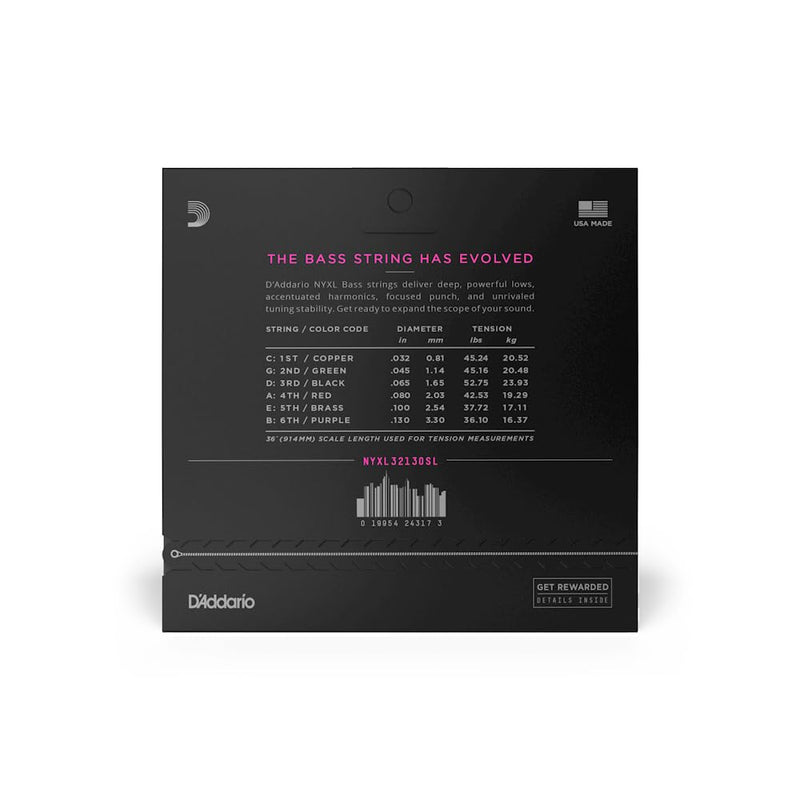 D'Addario Bass Guitar Strings, NYXL Nickel Plated, NYXL32130SL, Regular Light 32-130, Super Long Scale, 6-String Set, Pack of 1 Regular Light, 32-130 (6-String)