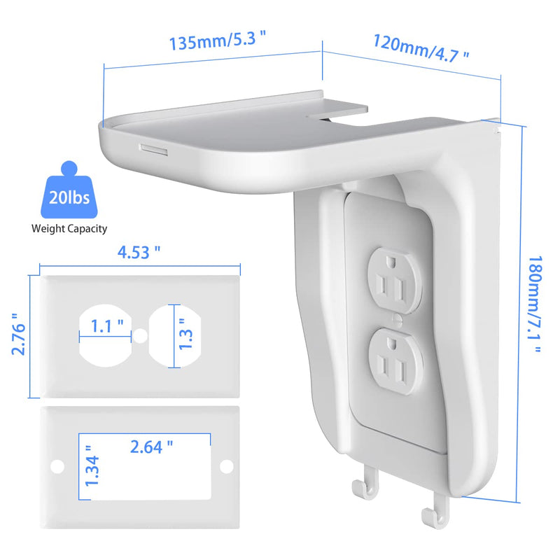 Suptek Wall Outlet Shelf, Home Wall Shelf Organizer for Outlets, Perfect for Bathroom, Kitchen, Bedrooms,Ideal for Cell Phone,Speaker up to 20lbs,With Cable Management and Detachable Hooks,White(S3W) 1 Pack