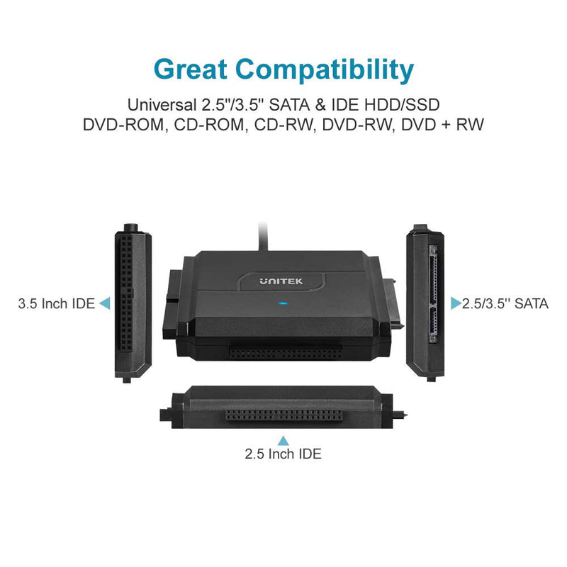 SATA/IDE to USB 3.0 Adapter, Unitek IDE Hard Drive Adapter for Universal 2.5"/3.5" Inch IDE and SATA External HDD/SSD, Support 10TB USB A