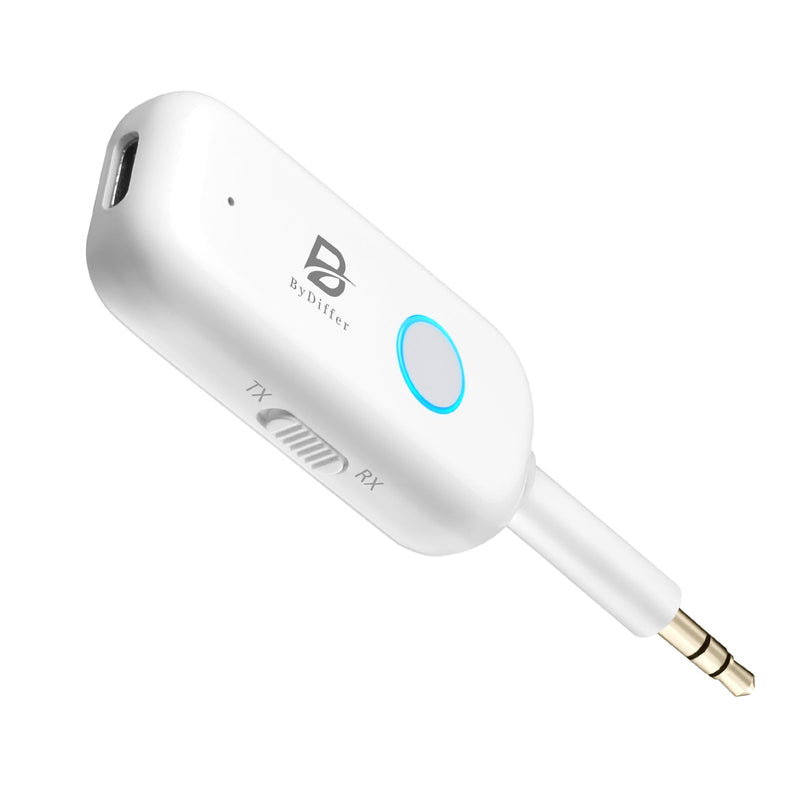 Bluetooth 5.2 Audio Transmitter Receiver for TV to 2 Headphones, ByDiffer Wireless Dual Link 3.5mm Jack AptX Low Latency Aux Bluetooth Adapter for Car, Airplane, Gym, PC (White) White