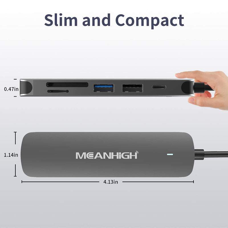 MEANHIGH USB C 3.0 Hub, 6 in 1 Type C to USB Hub Adapter, 4K HDMI Output, SD/TF Card Reader, 100W PD Charging, Ultra-Slim and Portable, Compatible with MacBook Pro Air HP XPS and More Type C Device USB-C-6IN1