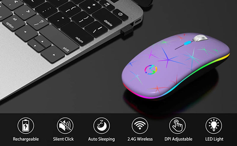 Wireless Mouse, 2.4G Portable Optical Quiet RGB Mouse with USB Receiver and Type C Adapter, 3 Adjustable DPI Levels, Wireless Computer Mouse for Laptop, Computer, PC, MacBook, Desktop Purple