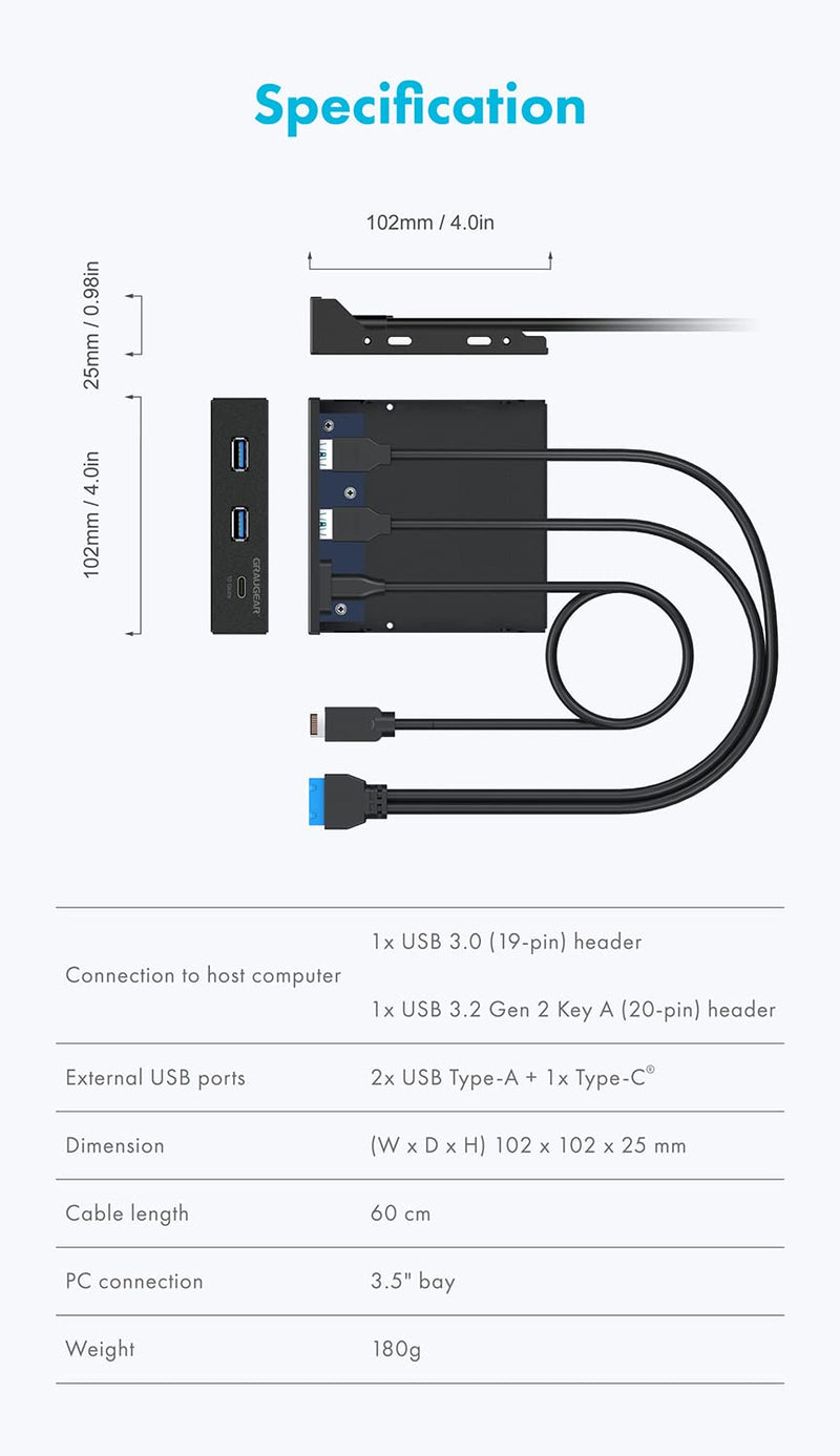 GRAUGEAR 3.5 Inch Front Panel Hub, Internal Multi USB Slots of USB 3.2 Gen 2 USB-C and 2 USB 3.0 Ports, 20-Pin USB 3.2 Key-A Header Required, Fits 3.5" PC Computer Case Front Bay [G-MP01]