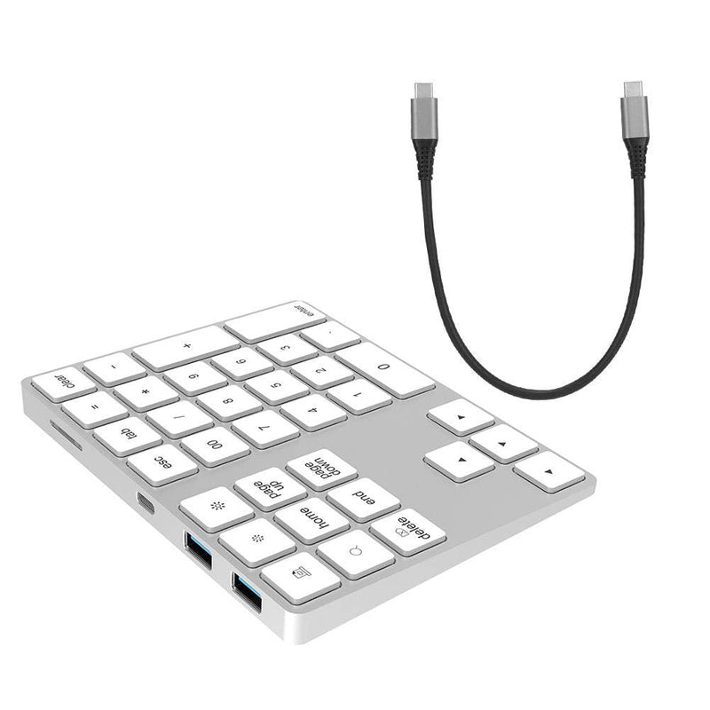 Wired/Bluetooth Numeric Keypad, Portable Wireless Bluetooth 34-Key External Number Pad with 2 USB 3.0 Interface for Computer Laptop Windows, OS, Android(Silver) Silver