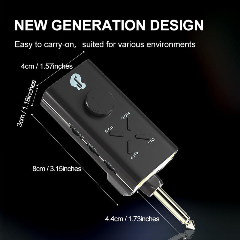 Guitar Headphone Amp, Mini Guitar Headphone Amplifier USB Rechargable Portable Pocket Guitar Amplifier with 24 Guitar Effects (Black) Black