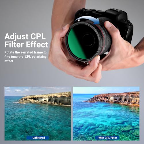 NEEWER 2 in 1 62mm Variable ND Filter ND2–ND32&CPL Filter(Circular Polarizer Filter) No X Cross/30 Layer Nano Coated/HD Optical Glass/Ultra Slim Aluminum Alloy Frame/Water Repellent/Scratch Resistant