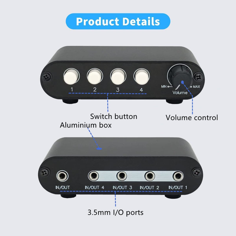 4-Way 3.5mm Stereo Audio Switch Input Signal Source Switcher Selector Splitter Box with line Volume Controller (4 in 1 Out / 1 in 4 Out) -MC41 4-port 3.5mm Switch with volume