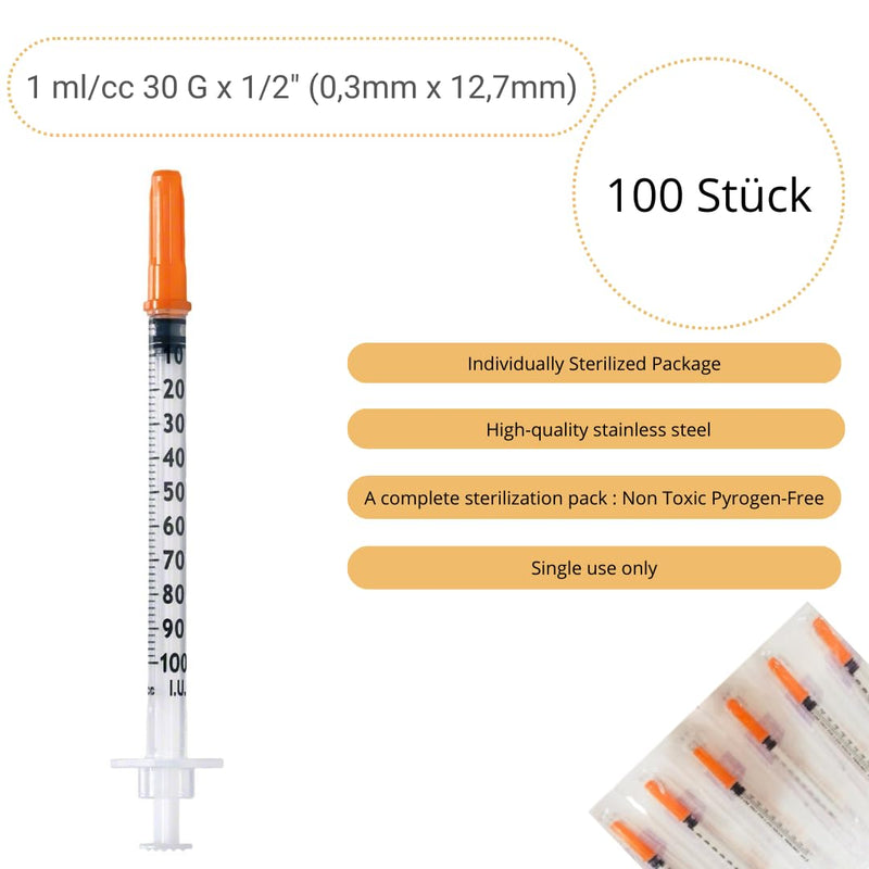 100 x 1 ml/cc Plastic Tube 30G (0.3 x 12.7 mm), Multi-Purpose Measuring Tools, Laboratory Accessories, Individually Packed (30G 1/2")