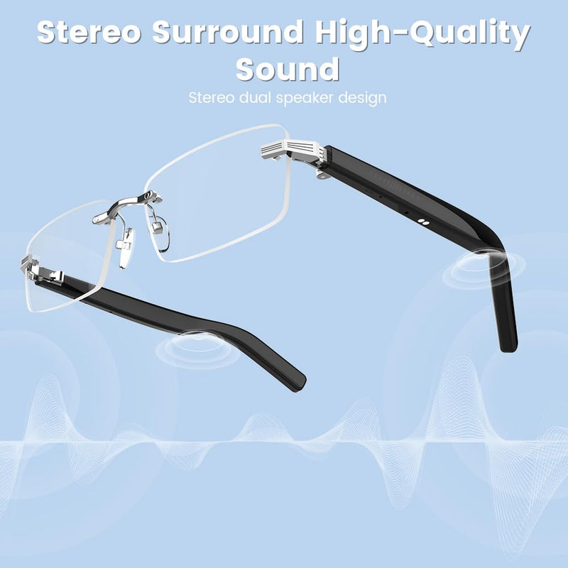 Smart Glasses Rimless Smartglasses with Bluetooth Speaker,Remote Control Photo Taking/UV Protection Voice Control (Photochromic Lenses) Photochromic Lenses