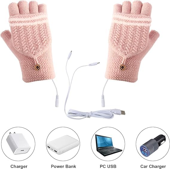 Mens Womens USB Heated Gloves Mitten USB Hands Warmer Laptop Gloves Full& Half Fingerless Winter Warm Heating Gloves Women Pink - 3