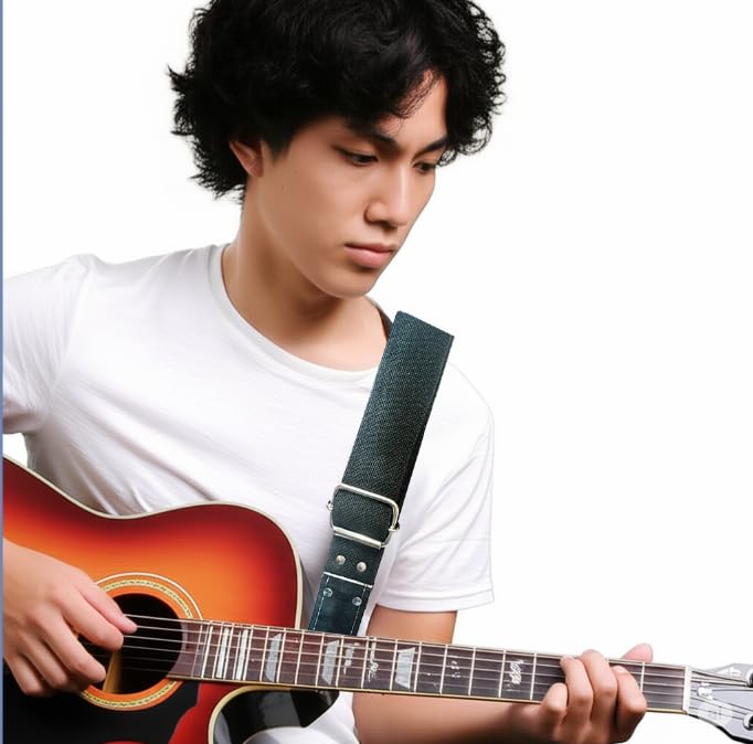 Kidam Jute Guitar Strap, Natural Fiber Adjustable Strap with Leather Ends for Acoustic, Bass & Electric Guitars Black