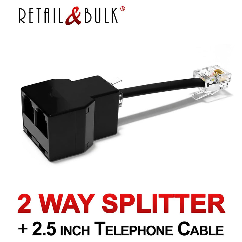 Phone Jack Splitter for Landline Telephone RJ11 6P4C 2-Way in-Line or in-Wall Duplex Adapter (1 Splitter + 2.5 Inch Cable) Made in USA w/ 2.5 inch Cable Black 1