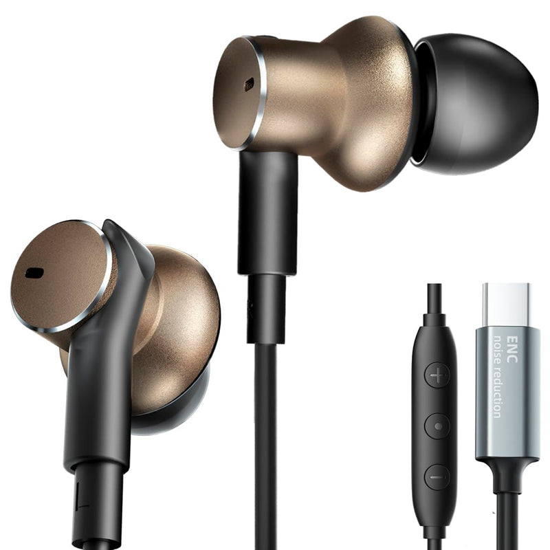 Type C Wired Earbuds with Noise-Canceling Immersive Bass Headphones In Ear | Dynamic and Balanced Armature Subwoofer Call Mic Noise Reduction USB C Wired Earphones,Volume control,Stereo HD Audio
