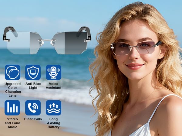 Bluetooth Audio Smart Glasses, Blue Light Glasses for Women Men, Open Ear Sound Mic & Speakers, Magnetic Charging, Color-Changing Polarized Sunglasses Lenses, Voice Assistant (Change) change