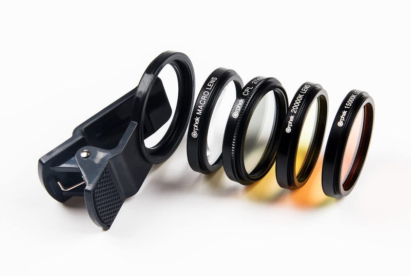 Coral Lens – Kit for All Smartphones – 4 Lens Included: Macro, CPL 37mm Polarized, 15,000k Orange, 20,000k Yellow – Universal Phone Clip – Lens Made of Glass – for Better Photography