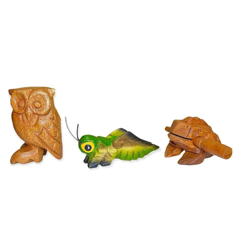 Handmade Wooden Percussion 3 Pcs Set 3 Inch Wooden Frog, 4 Inch Wooden Cricket and 3.5 Inch Wooden Owl, Gift Decor,(Green Wooden Cricket Brown Wooden Frog/Owl) Green Wooden Cricket Brown Wooden Frog/Owl