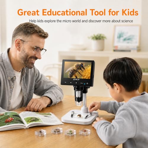 Elikliv Microscope, LCD Digital Coin Microscope 1000x, Coin Magnifier with 8 Adjustable LED Lights, PC View Compatible with Windows/MacBook, EDM4, 4.3-Inch White