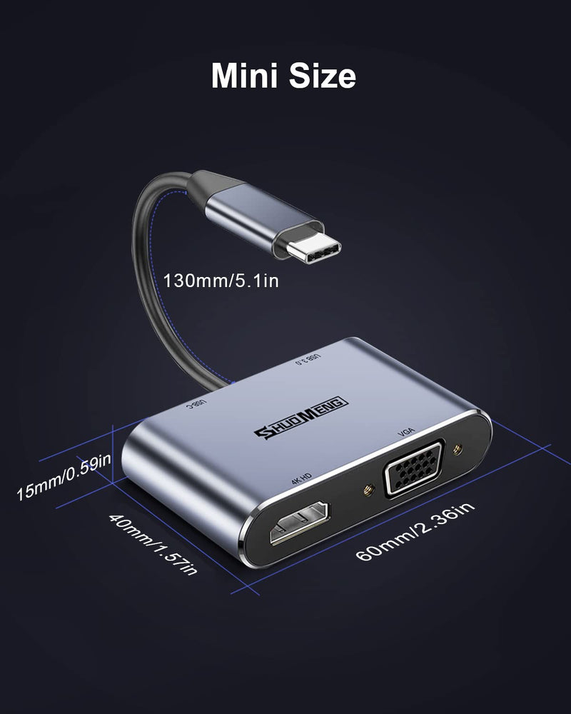 USB C to HDMI VGA Adapter, Shuomeng 4 in 1 USB-C to HDMI Adapter (Thunderbolt 3 Compatible) Hub Compatible for MacBook Pro/Air/ipad Pro 2018-2020, Dell, XPS,Samsung Galaxy S20 S10,Other Type-C Device [4 in 1] HDMI/VGA/PD/USB