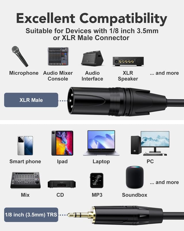 XLR Cables 25 ft XLR to 3.5mm 1/8 inch TRS Mic Cable 3.5mm to XLR Microphone Cable, TRS to XLR Mic Cord Compatible with iPhone, iPod, MP3 Player, Laptop, Recorder and more-25 Feet 25FT (7.6m) xlr to 1/8 (3.5mm) Black