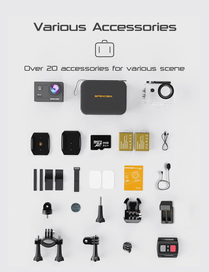 Apexcam Action Camera 4K with 64G SD Card Sports Camera 20MP 131FT Waterproof Underwater Camera 170°Wide-Angle WiFi Camera with 2.4G Remote Control, 2 Batteries, Mounting Accessories Kits M80AIR with SD CARD