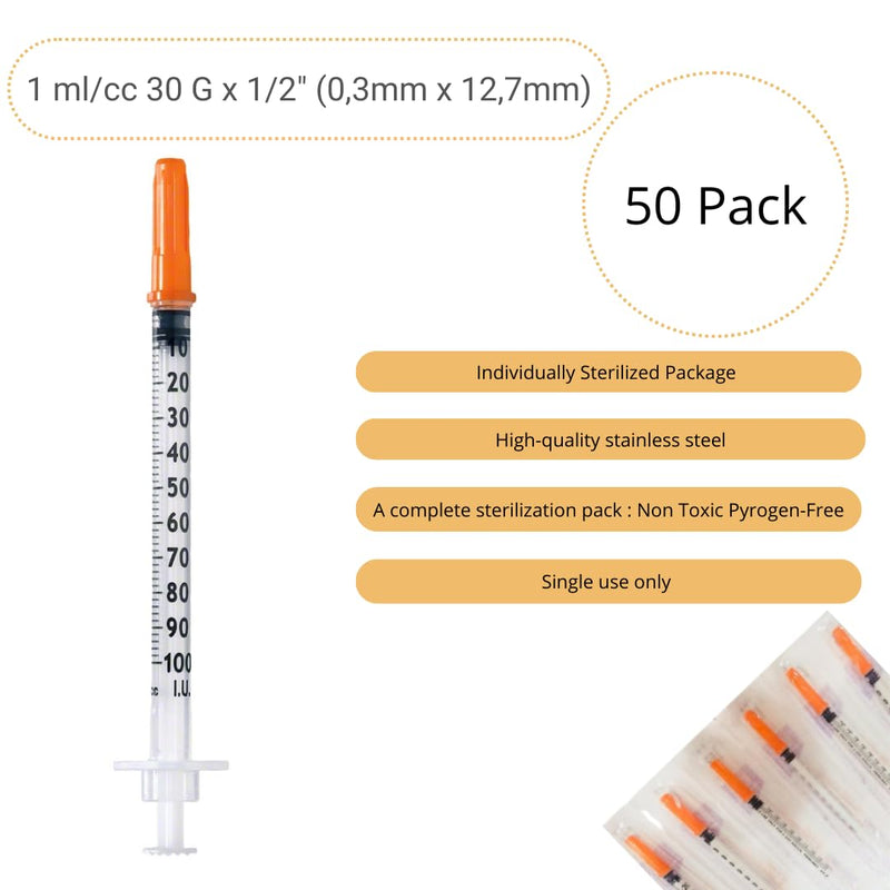 Pack of 50 1 ml/cc Plastic Tube 30G (0.3 x 12.7 mm), Multi-Purpose Measuring Tools, Individually Packed (30G 1/2 Inch)