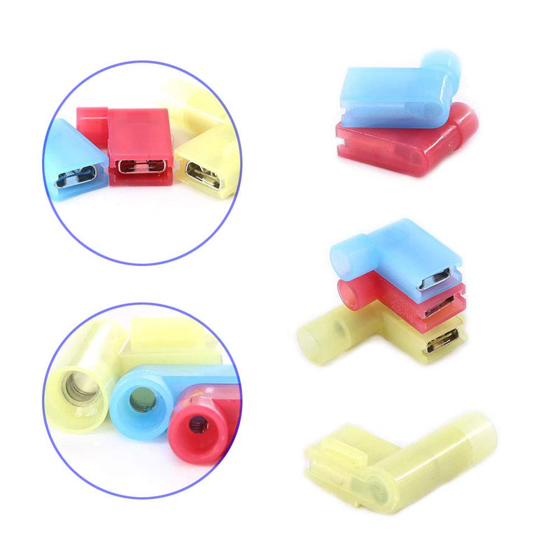 Gebildet Pack of 100 90 Degree Nylon Insulated Connectors, Fully Insulated Flag Female Quick Connectors, Flag Spade Crimp Connection Terminals Female 12-10 AWG/ 22-14 AWG (Red 40, Blue 40, Yellow 20) L Male