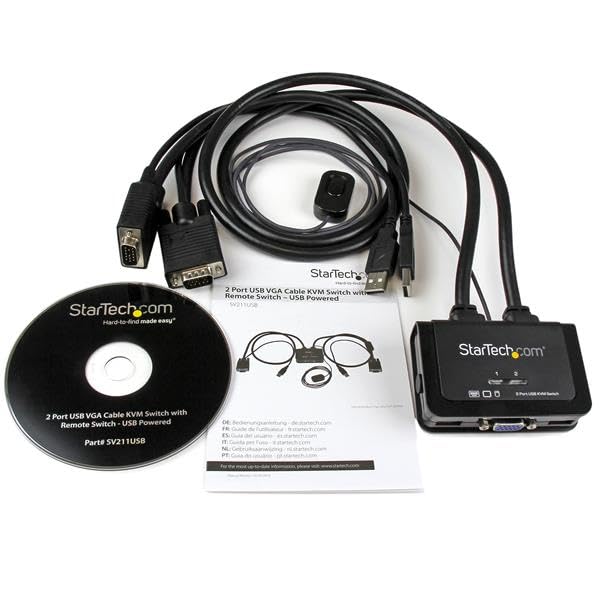 StarTech 2-Port USB VGA Cable KVM Switch 2048x1536 USB Powered (SV211USB) | Integrated KVM cables and remote switch, USB powered, Dual, Push-button hotkey or software switching, Compact