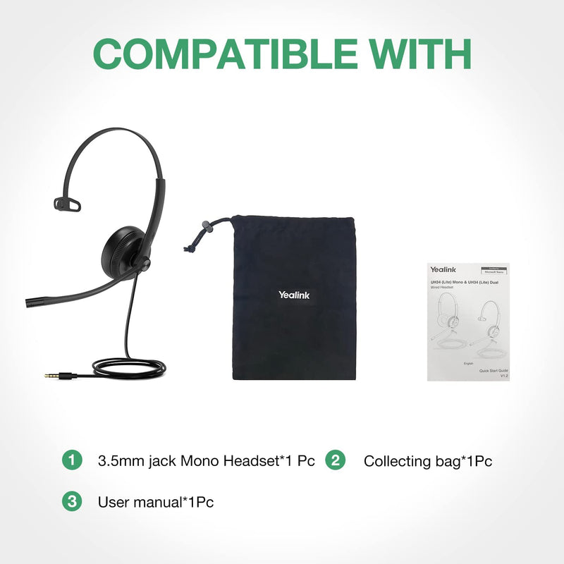 Yealink Headset with Microphone 3.5mm Headphone with Mic for PC Computer Laptop Phones Teams Certified Work Office Headset Mono