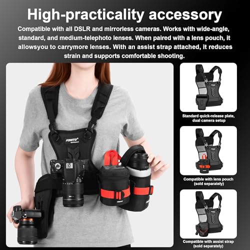 FOMITO Dual Camera Chest Harness System, Professional Photography Vest with Side Holster, Gray