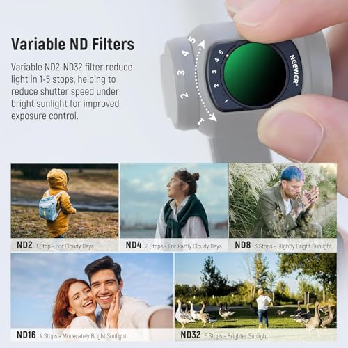 NEEWER Filter Set with 0.75x Wide Angle Lens 108° FOV, Variable ND 2-32 CPL 1/4 Black Diffusion Filter Compatible with DJI Osmo Pocket 3 / Pocket 4 / Xtra Muse Accessories, FL-B09 0.75X Wide Angle Lens&ND2-ND32