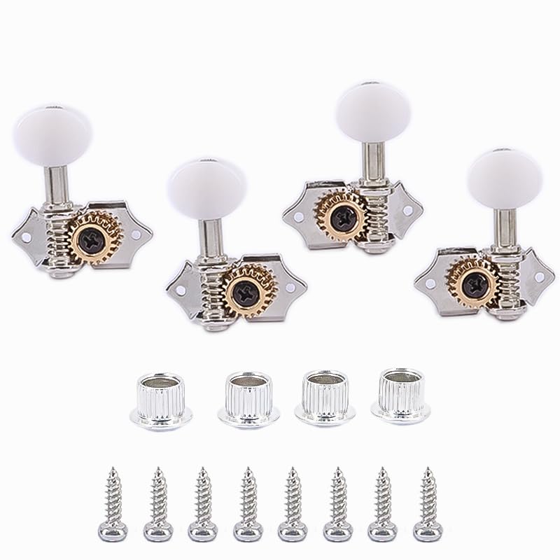 2R2L White-Plated Guitar Tuning Peg Machine Head Tuners For 4 String Ukulele Guitar Bass-Gear Ratio 1:19 Bass Tuning Key Pegs Machine Head Replacement(GC510) GC510