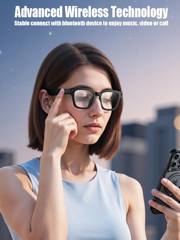 ZXQ Smart AI Camera Sunglasses, Black Frame with Dark Lenses, Digital Recording Eyewear for Photos and Videos Black + Clear Lens