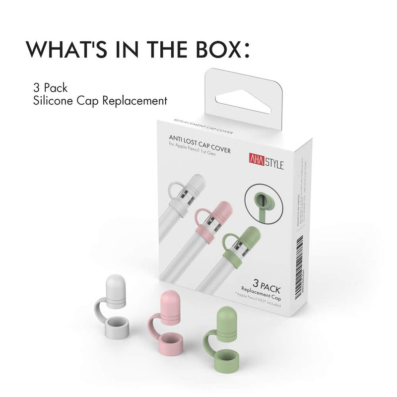 AhaStyle 3 Pack Cap Replacement Holder with Anti-Lost Strap Silicone Protective Cap Cover for Apple Pencil 1st Generation(White, Pink, Avocado Green) White, Pink, Avocado Green