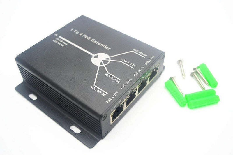 OdiySurveil(TM) 4-Port 10/100M IEEE802.3at (Power-in) to IEEE802.3af (Power-Out) PoE Extender for Ethernet/PoE Power