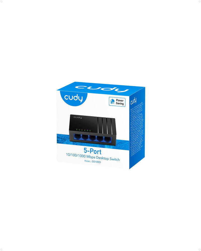 Cudy 5 Port Gigabit Compact Unmanaged Ethernet Switch, GS105D | 5x GbE RJ45, 10 Gbps capacity, 7.44 Mpps, 140m reach, IGMP snooping, silent plastic body, tabletop/wall install, 1.2W max