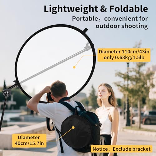 24/32/43/52in Photography Reflector, 5 in 1 Light Diffuser with Panel&Bag, Light Reflectors for Photography, Ideal for Content Creator Essentials&Photographer in Silver,Gold,White and Black 43inch/110cm