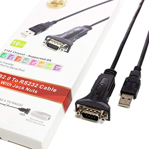 Tera Grand - Premium USB 2.0 to RS232 Serial DB9 Adapter Cable 10 Feet - Supports Windows 11, 10, 8, 7, Vista, XP, 2000, 98, Linux and Mac - Built with FTDI Chipset and Hex Jack Nuts 10 ft