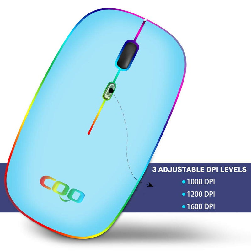 Wireless Mouse, COO LED Slim Dual Mode(Bluetooth 5.1 and 2.4G Wireless) Rechargeable Led Wireless Mouse with 3 Adjustable DPI for iPad OS 13 , MacBook, Laptop, Mac OS 10.10 Bluetooth+2.4G Wireless(Sky Blue)