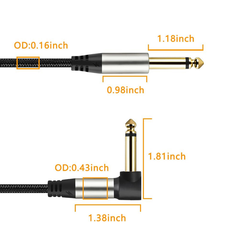 2-Pack Guitar Cables 1/4 Inch 6.35mm Male to Male Jack Right Angle to Straight Nylon Braided TS Mono Instrument Cable (16FT) 16FT