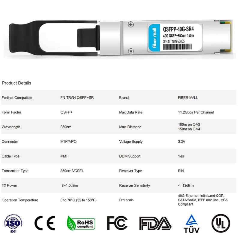 40G QSFP SR4 for Fortinet FN-TRAN-QSFP+SR,40GBASE-SR4 QSFP+ 850nm 150m MTP/MPO DOM Optical Transceiver Module 40GBASE-SR4: 150m