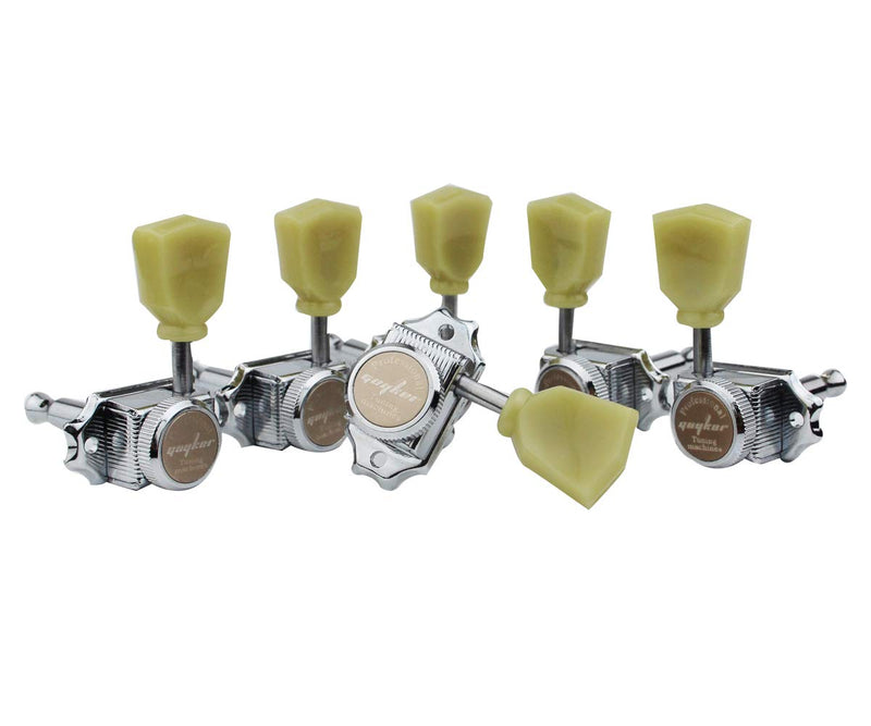 Guyker 3x3 Vintage Style Locking Guitar Machine Heads – 1:15 Ratio Lock String Deluxe Tuning Key Pegs Tuners Set Replacement for Electric, Acoustic or Folk Guitars - Chrome Chrome - Yellow Green Handle