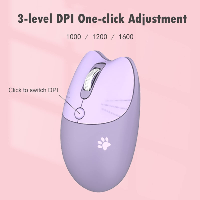 Cute Cat Wireless Mouse, Silent Mouse, 2.4G Wireless Mice, Candy Colors, Kawaii Mouse for Girls and Kids (Purple) Purple