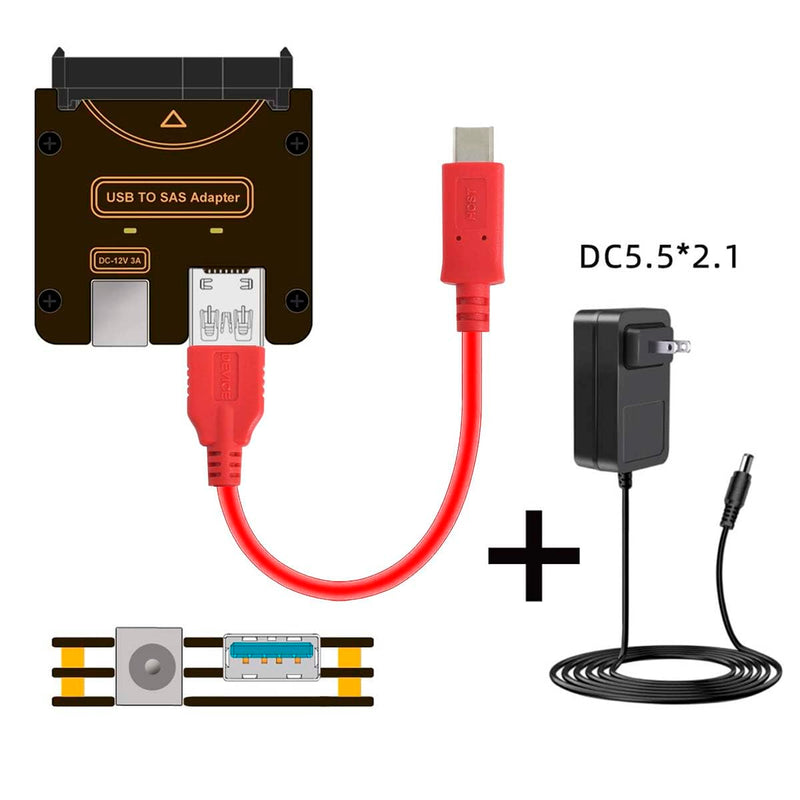 cablecc 29Pin SFF-8482 SAS to 5Gbps USB Type-C & Type-A Hard Disk Drive Raid Adapter with Chipset and Power Port (Need 12V/3A Power Supply) SFF-8482 to USB3.0 A-C cable with power supply